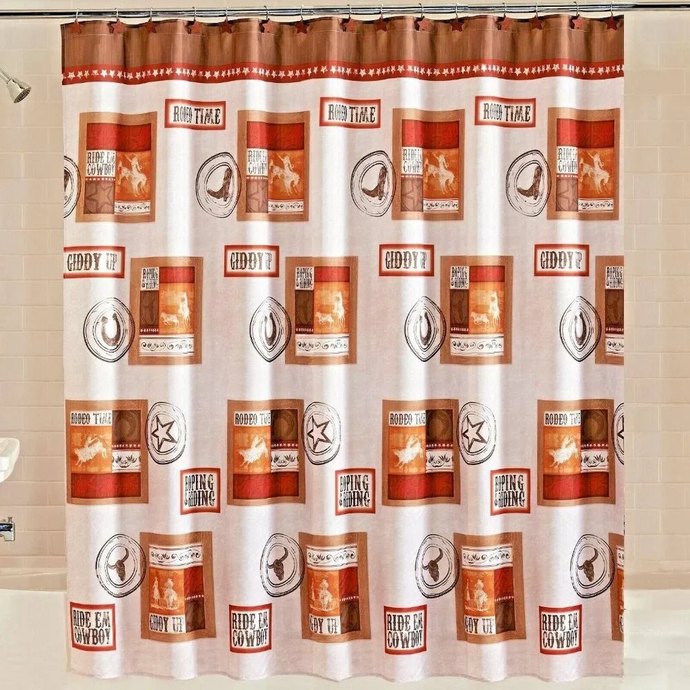 Rodeo Time Shower Curtain Cowboy Riding Boots Horse Country Stars Brown Western